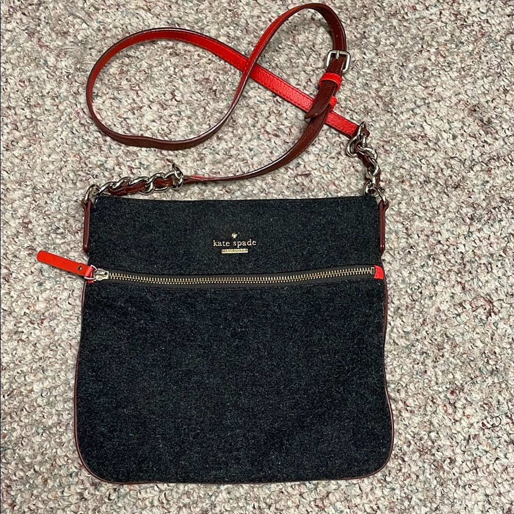 Kate Spade grey flannel and Red leather Crossbody Bag with Gold Accents